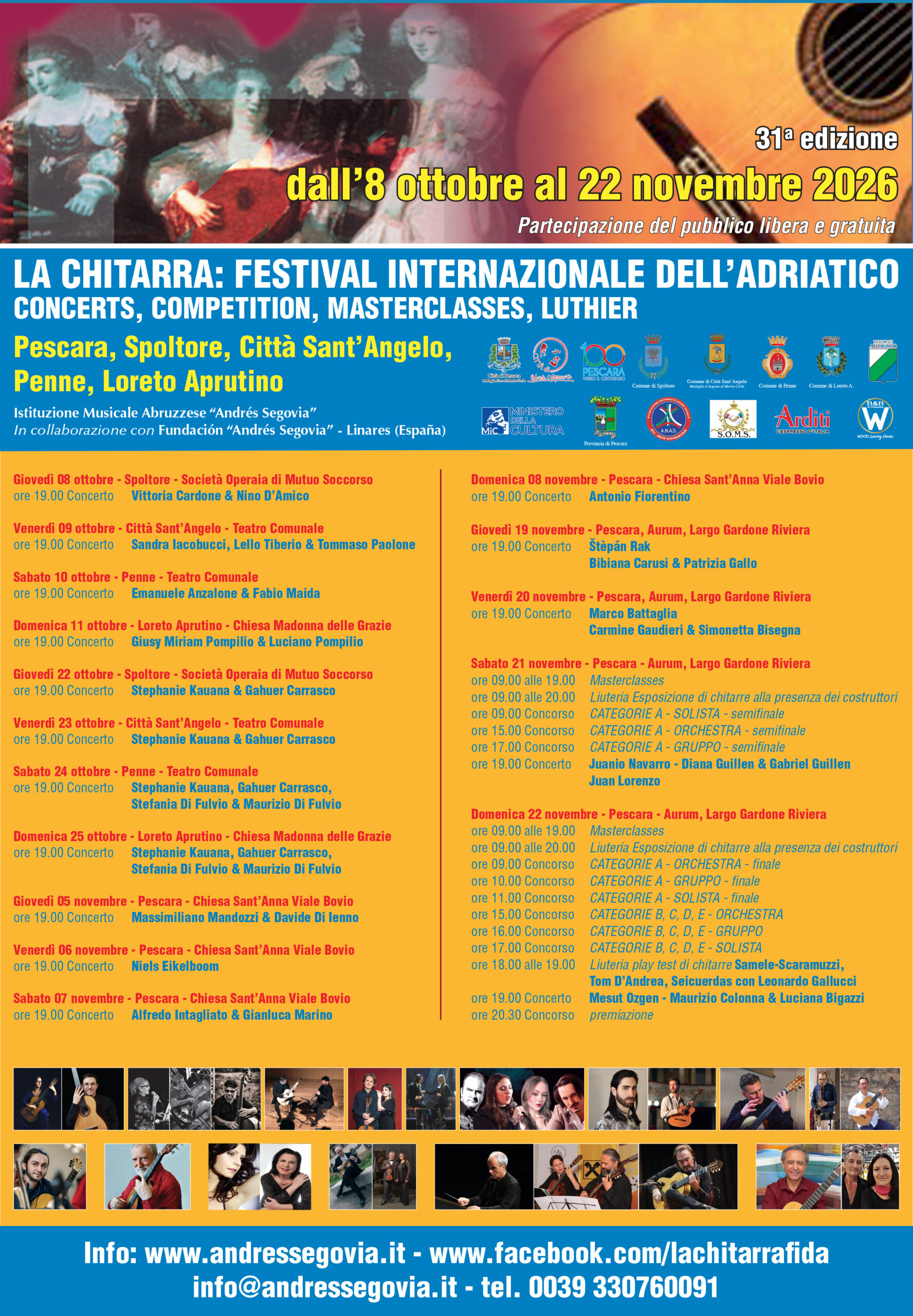 Manifesto ufficiale La Chitarra Festival Internazionale dell’Adriatico 2026 con calendario concerti di Pescara