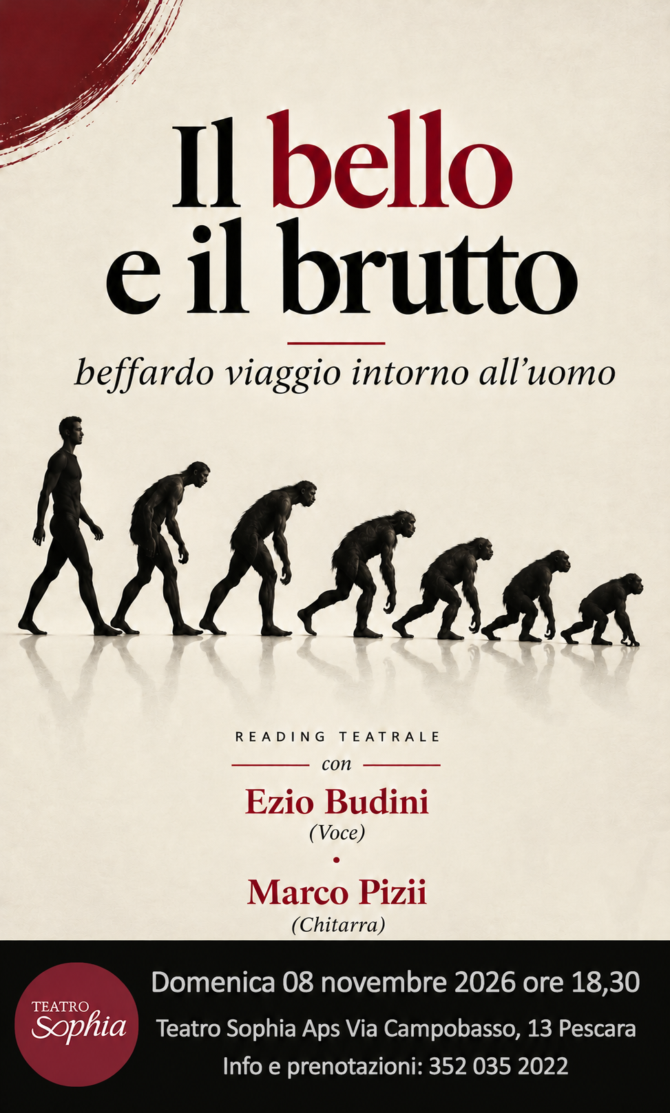 Locandina Il bello e il brutto, reading di Ezio Budini e Marco Pizii, Teatro Sophia Pescara 8 novembre 2026